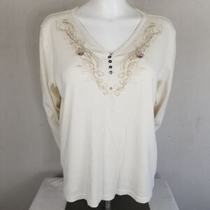 St. John's Bay Ivory Colored V-Neck Embroidered‎ Neckline Blouse Size XL